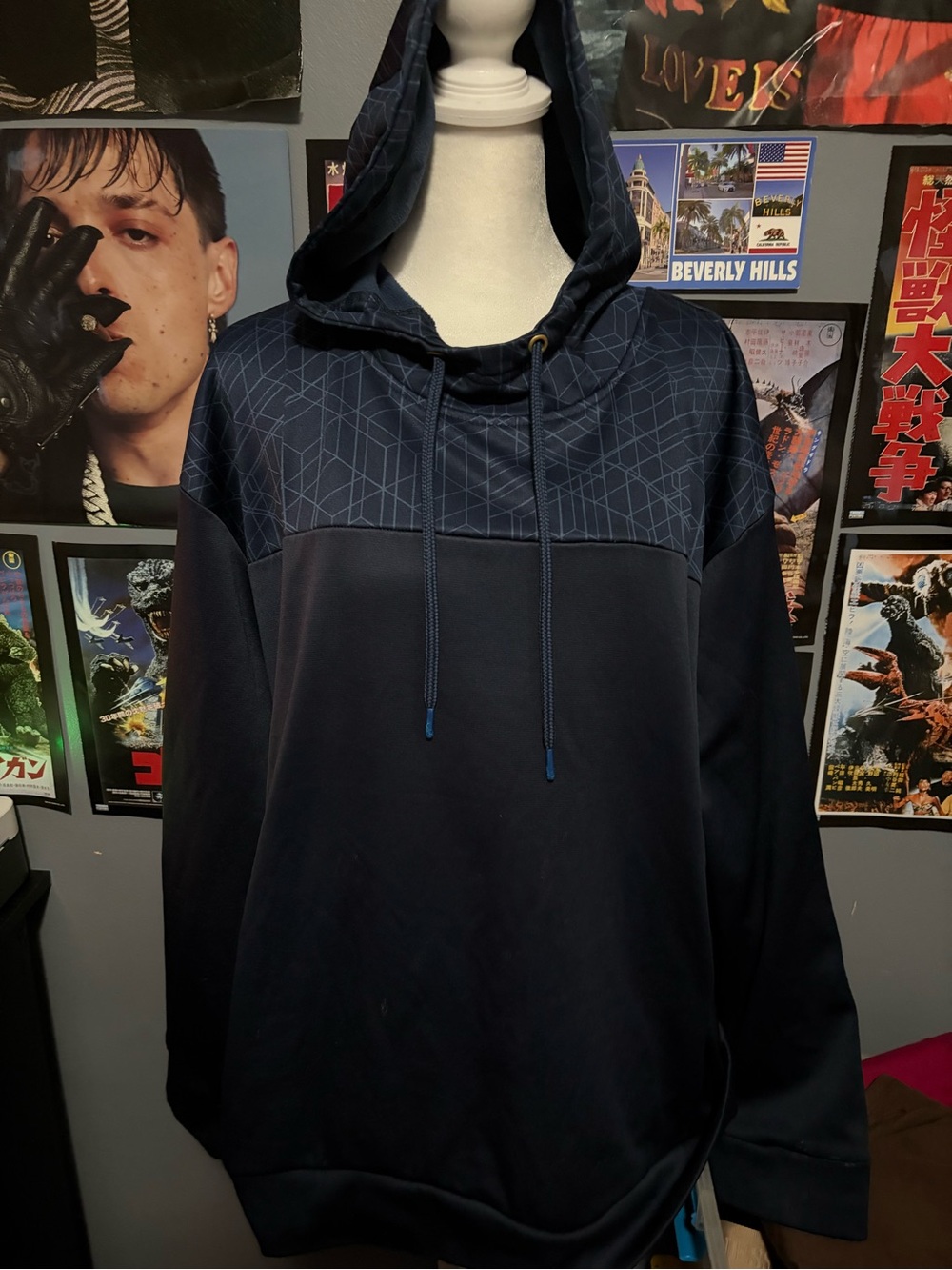 Men's Navy Hooded Pullover with Geometric Yoke